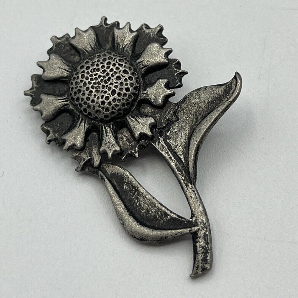 Vintage Metzke Pewter Sunflower Flower Brooch 2.25" Signed Fall Summer Silver